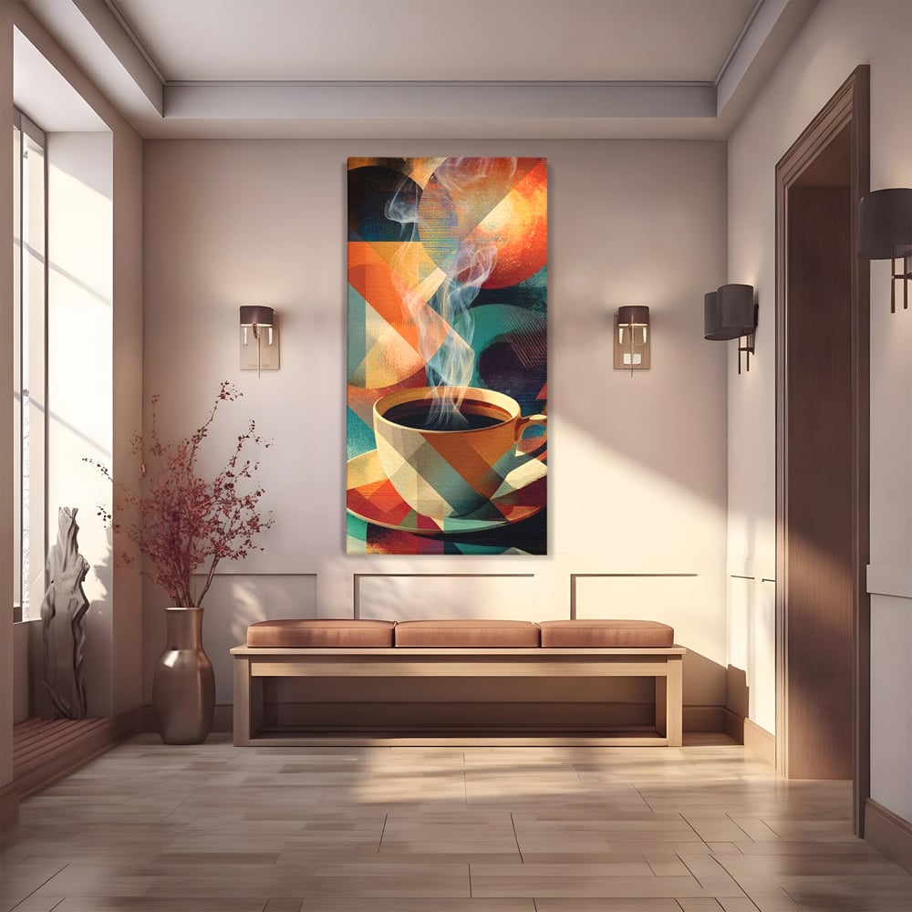 Tablou canvas cu ilustratie abstracta cu ceasca de cafea, fara rama, pe sasiu de lemn
